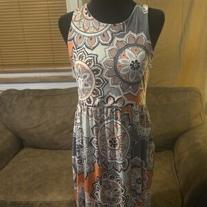 Bellamie Gray and Orange Patterned Midi Dress